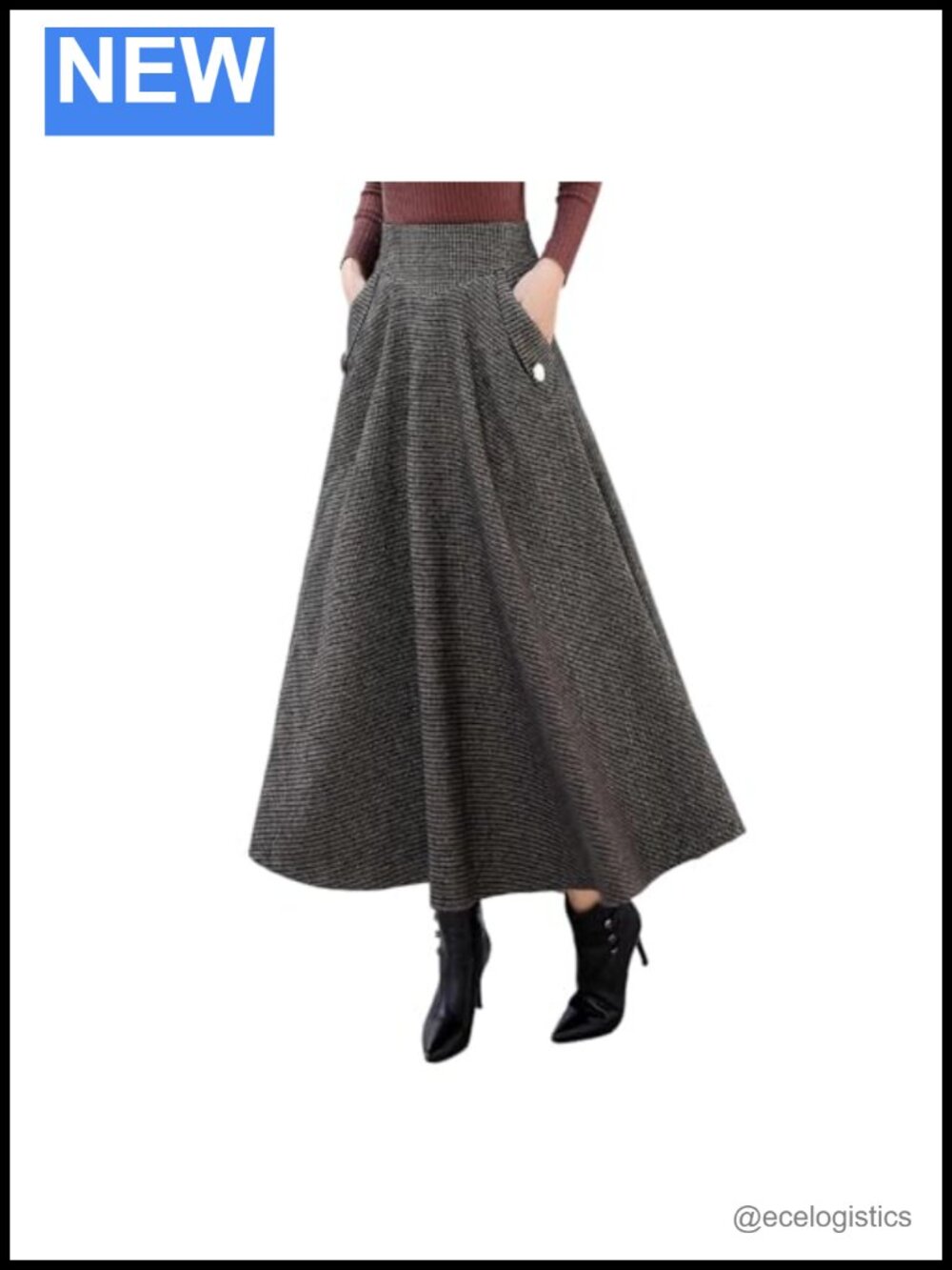Women's Wool Blend Pleated A-Line Maxi Skirt High Waist with Pockets
